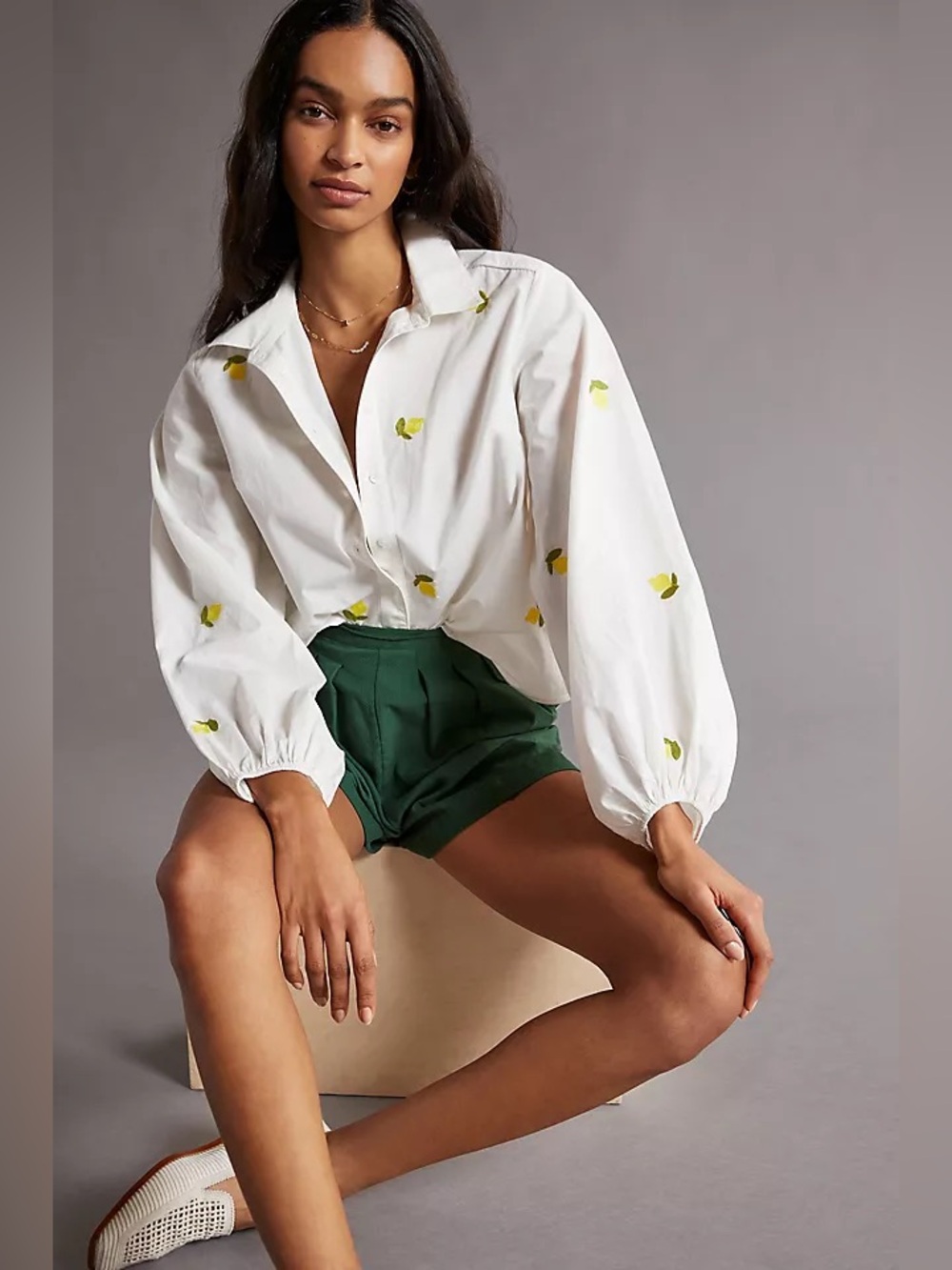 Anthropologie Maeve Lemon Embroidered Buttondown in White